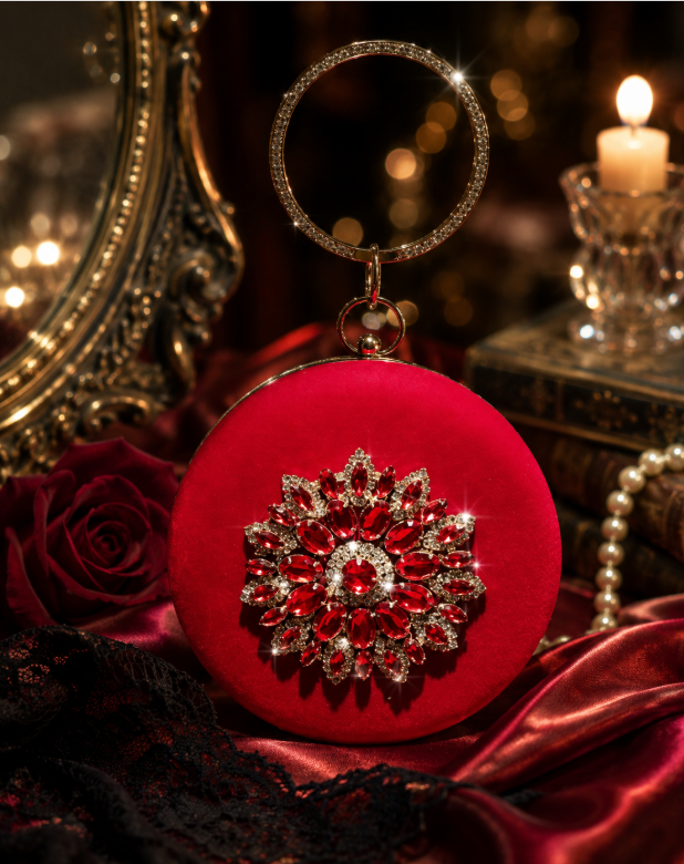 Velvet & Rhinestone Evening Bag with Jeweled Ring Handle