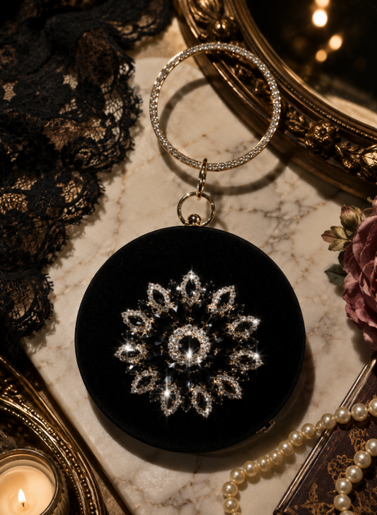 Velvet & Rhinestone Evening Bag with Jeweled Ring Handle