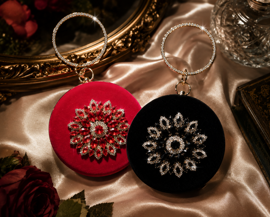 Velvet & Rhinestone Evening Bag with Jeweled Ring Handle